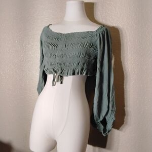 Smocked Tie Front Green Long Sleeve Blouse